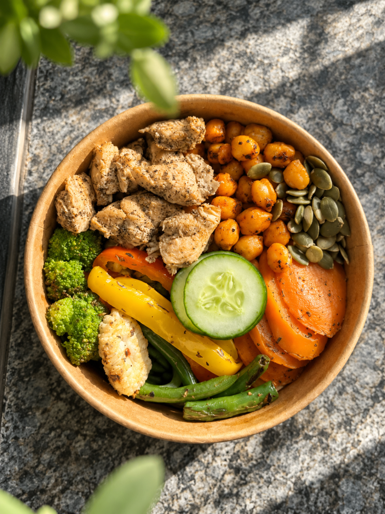 A high-protein OJAS bowl with grilled chicken and roasted chickpeas